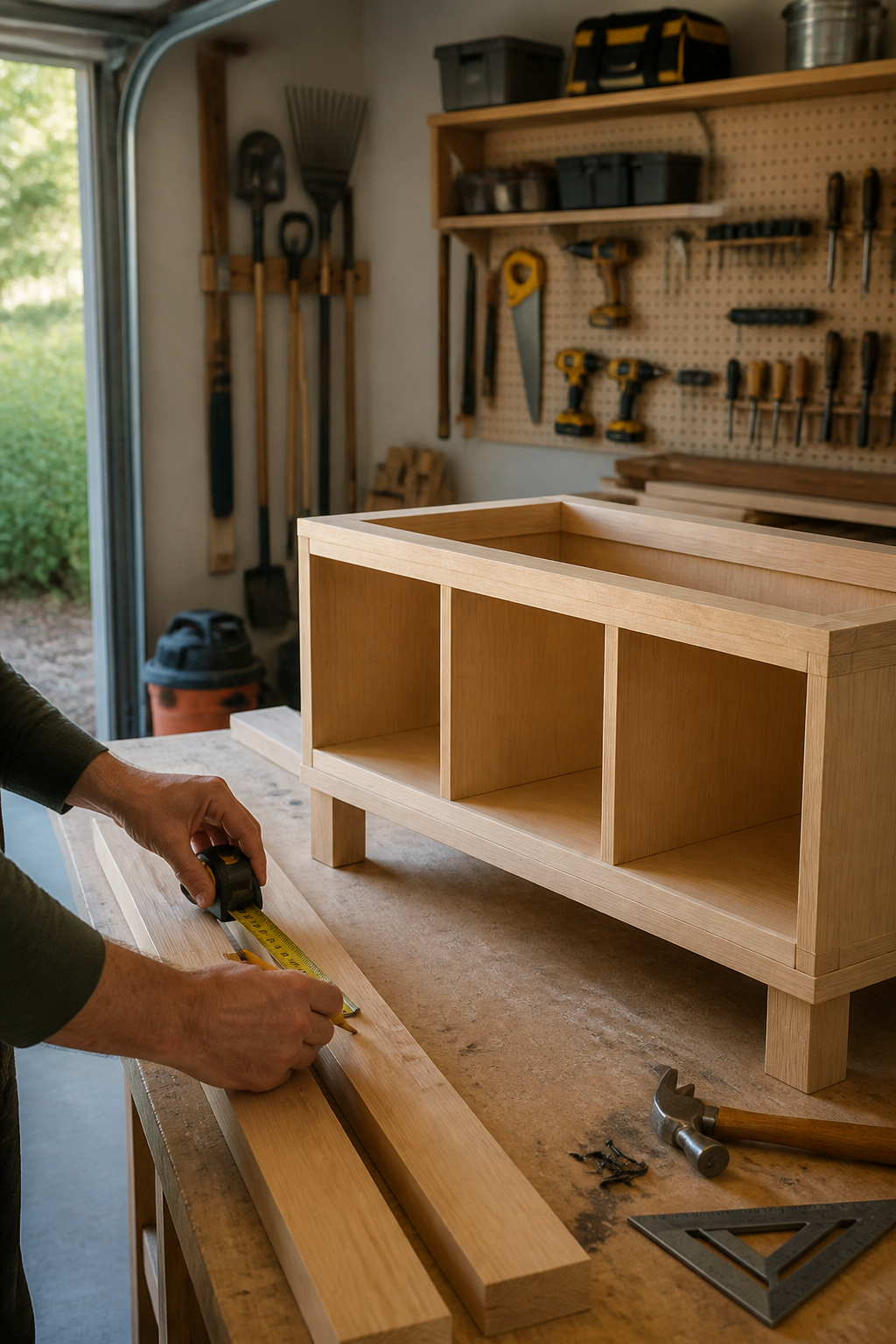 Small garage woodworking workspace with a practical project